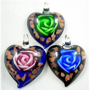 MixColors Lampwork Glass heart Pendants within Goldsand and Rose, 40mm wide