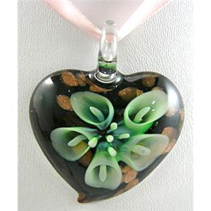 MixColors Lampwork Glass heart Pendants within Goldsand and Flower, 40mm wide