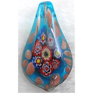 murano style glass lampwork pendant with mulit-flower, leaf, blue, approx 35x60mm