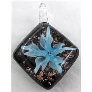 murano style lampwork glass pendant with goldsand, flower, sky-blue, 32x45mm