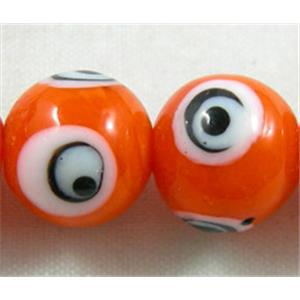 lampwork glass beads with evil eye, round, orange, 12mm dia, 3 eyes