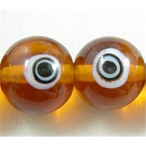 lampwork glass beads with evil eye, round, yellow, 12mm dia, 3 eyes