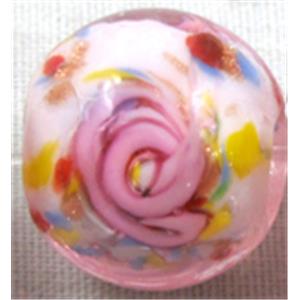 lampwork glass beads, flower, round, pink, 12mm dia, 33pcs per st