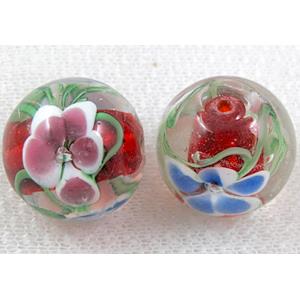 glass lampwork beads with goldsand, round, flower, red, 20mm dia