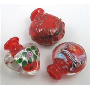 red glass lampwork pendant, bottle, mixed shaped, approx 16-27mm, 5mm hole