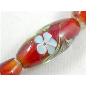 red lampwork glass beads, barrel, flower, 10x19mm, hole:2mm