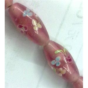 glass lampwork beads, barrel, flower, pink, 10x19mm, hole:2mm