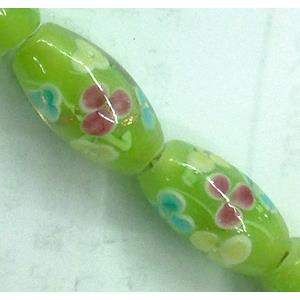 glass lampwork beads, barrel, flower, green, 10x19mm, hole:2mm