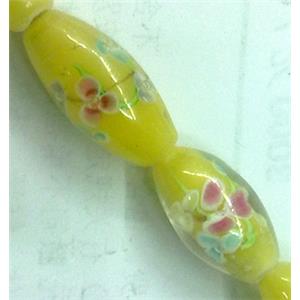 glass lampwork beads, barrel, flower, yellow, 10x19mm, hole:2mm