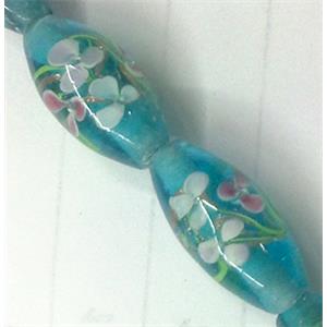 glass lampwork beads, barrel, flower, aqua, 10x19mm, hole:2mm