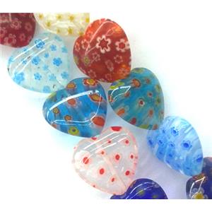 Millefiori glass bead, heart, mixed, 20mm dia, 20pcs per st