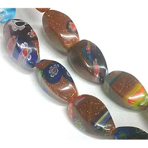Millefiori glass bead with goldsand, mixed, 8x16mm, 25pcs per st