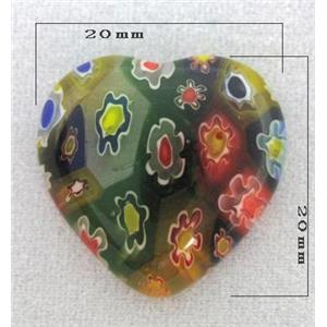 Cabochon, Millefiori glass beads, multi-flower, heart, flat-back, 20x20mm