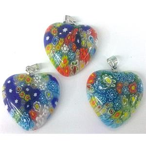 Millefiori glass pendant, heart, multi-flower, mixed, 20mm dia
