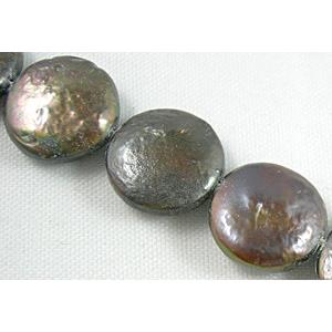 freshwater pearl beads, flat-round, coffee-grey, 12mm dia, approx 32beads per st