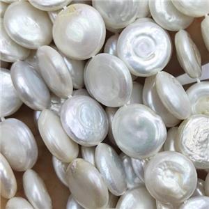 white Cultured Pearl button coin Beads, approx 14mm dia