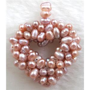 freshwater pearl pendant, cluster, heart, handcraft, purple, 40x50mm