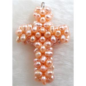 freshwater pearl pendant, cluster, cross, handcraft, pink, 33x45mm
