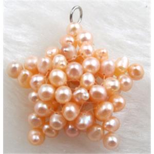 freshwater pearl pendant, cluster, star, handcraft, pink, 30mm dia
