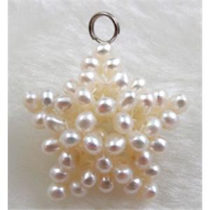 freshwater pearl pendant, cluster, star, handcraft, white, 25mm dia