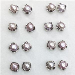 925 Sterling Silver Natural Pearl Stud Earring Flower Antique Silver, approx 6mm, 9mm