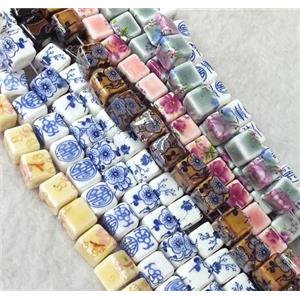 Porcelain cube beads, mixed color, approx 10x10x10mm, 3mm hole