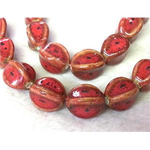 Red Painted Oriental Porcelain Carambole Beads, approx 11x17mm