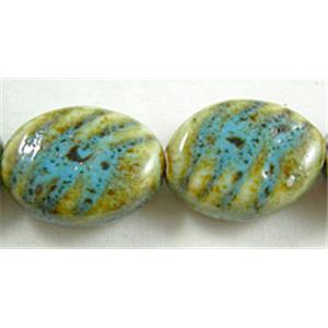 Turquoise Color Oriental Porcelain Flat Oval Beads, 9x18mm, 10mm thick, 18pcs per st