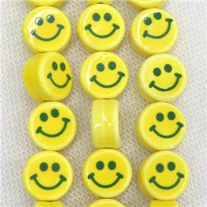 yellow Oriental Porcelain coin beads, emoji, approx 9x16mm, 25pcs per st