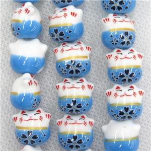blue Oriental Porcelain beads, fortune cat, approx 13-14mm, 25pcs per st
