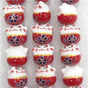 red Oriental Porcelain beads, fortune cat, approx 13-14mm, 25pcs per st