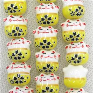yellow Oriental Porcelain beads, fortune cat, approx 13-14mm, 25pcs per st