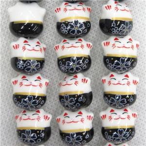black Oriental Porcelain beads, fortune cat, approx 13-14mm, 25pcs per st