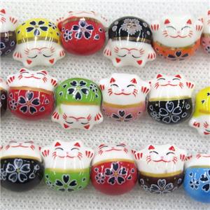 mixcolor Oriental Porcelain beads, fortune cat, approx 15mm, 25pcs per st