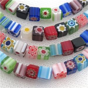 Millefiori Glass cube beads, approx 6mm