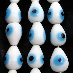 handmade white Lampwork Glass teardrop Beads with evil eye, approx 11-15mm