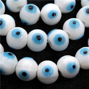 handmade white Lampwork Glass round Beads with evil eye, approx 8mm dia