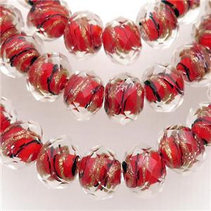 red Lampwork glass beads, faceted rondelle, approx 10mm