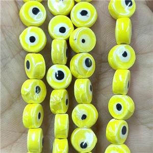 yellow Porcelain button beads, evil eye, electroplated, approx 8mm dia, 50pcs per st