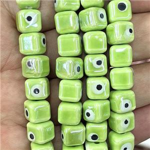 olive Porcelain cube beads, evil eye, electroplated, approx 8mm dia, 45pcs per st