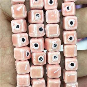 pink Porcelain cube beads, evil eye, electroplated, approx 8mm dia, 45pcs per st