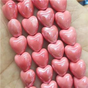 pink Porcelain heart beads, electroplated, approx 12mm, 30pcs per st