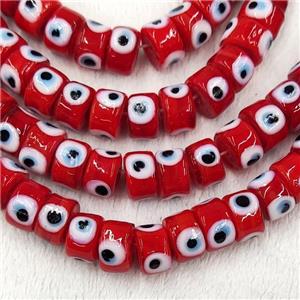 Red Lampwork Glass Heishi Beads With Evil Eye, approx 6x9mm