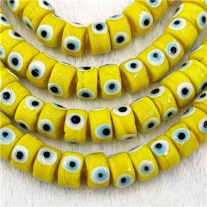Yellow Lampwork Glass Heishi Beads With Evil Eye, approx 7x11mm