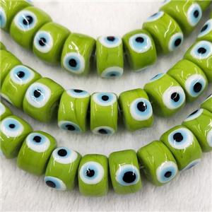 Olive Lampwork Glass Heishi Beads With Evil Eye, approx 6x9mm