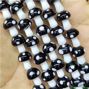 Black Lampwork Glass Mushroom Beads, approx 10-14mm, 25pcs per st