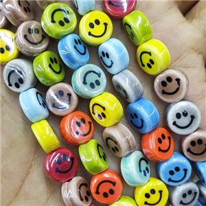 Lampwork Glass Circle Button Beads Emoji Mixed Color Happy Face Electroplated, approx 10mm, 38pcs per st