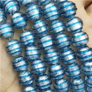 Larmwork Glass Beads With Silver Foil Round Aqua Line, approx 12mm dia