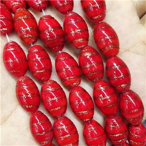 Red Lampwork Glass Beads Rice Gold Foil, approx 10-16mm