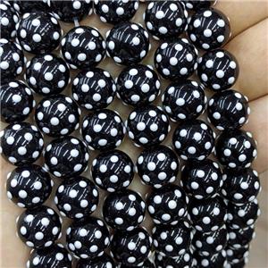 Black Lampwork Glass Beads Dalmatian Spot Round, approx 12mm